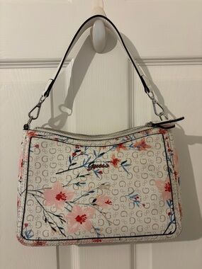 Guess Cream Floral Shoulder Bag with Pink & Coral Accents